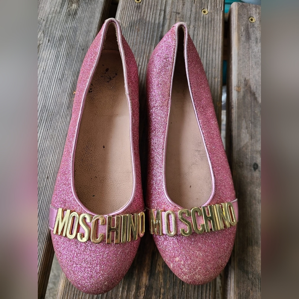 MOSCHINO SZ 34 / 3Y VGUC PINK SPARKLE glitter METALLIC GOLD BALLET STYLE SHOES